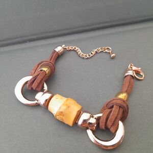 Brown and Gold Leather Bracelet with Amber Centerpiece